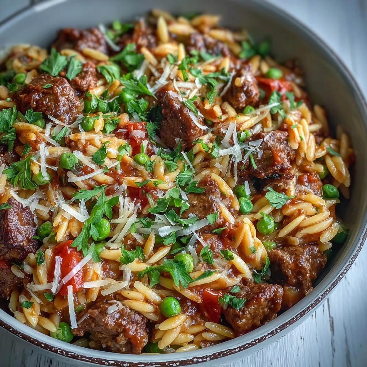 A close-up of Comforting Ground Beef Orzo Dinner in a skillet, topped with melted Parmesan and fresh parsley.