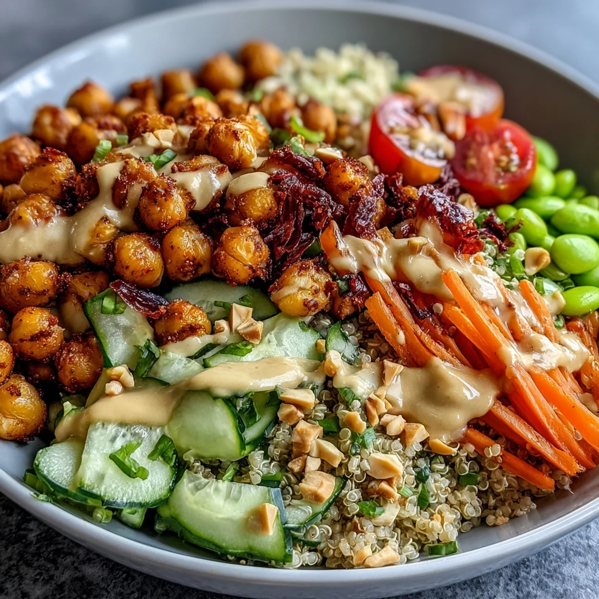 A vibrant Peanut Chickpea Protein Bowl with roasted chickpeas, crisp cabbage, carrots, and creamy peanut sauce drizzled over brown rice.