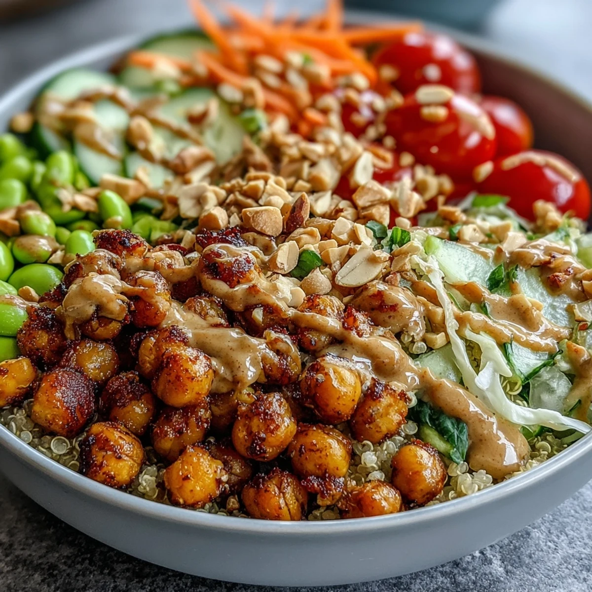 Golden roasted chickpeas and fresh vegetables create a colorful, nourishing Peanut Chickpea Protein Bowl served with lime wedges and sesame seeds.