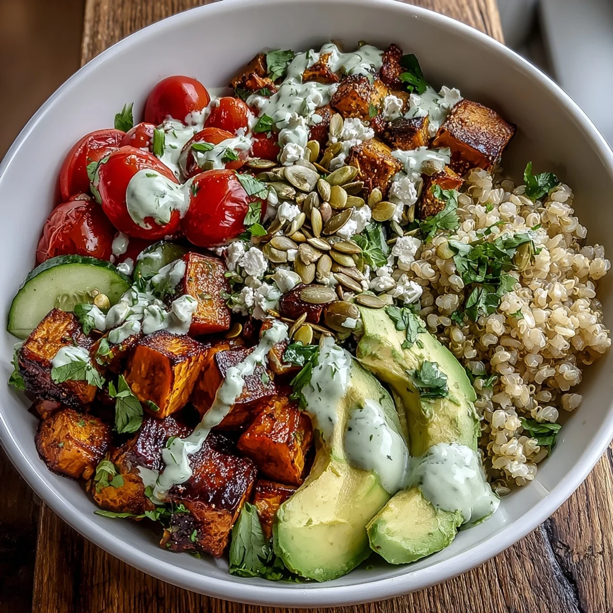 Brightly colored Customizable Grain Bowl with roasted sweet potatoes, fresh tomatoes, and creamy avocado slices.