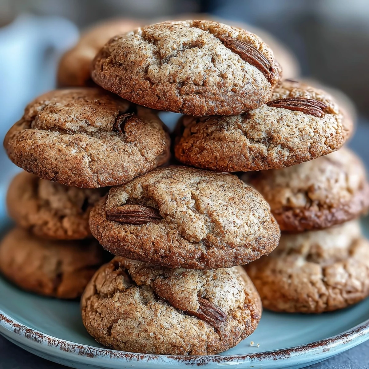 A plate of golden-brown Hojicha Cookies, lightly dusted with roasted green tea powder, arranged on a rustic wooden board.