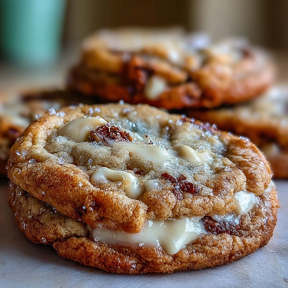 Freshly baked Hojicha White Chocolate Cookies on a wire rack, showcasing their cracked tops and melted white chocolate chips.