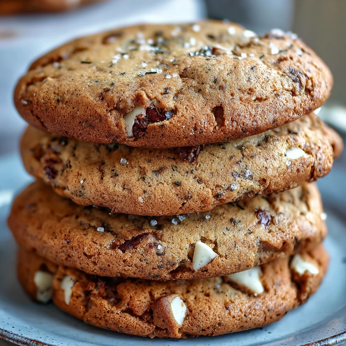 A plate of Brown Butter Hojicha & Earl Grey Cookies is paired with a steaming mug of Earl Grey tea for a cozy treat.