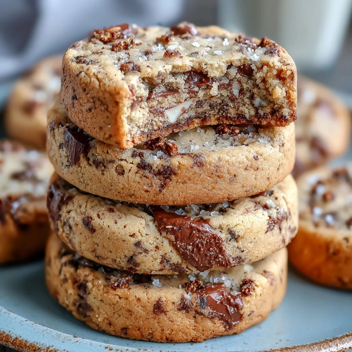 Close-up of a broken Brown Butter Hojicha & Earl Grey Cookie reveals melted white chocolate chunks and a rich, crumbly tea-infused interior.