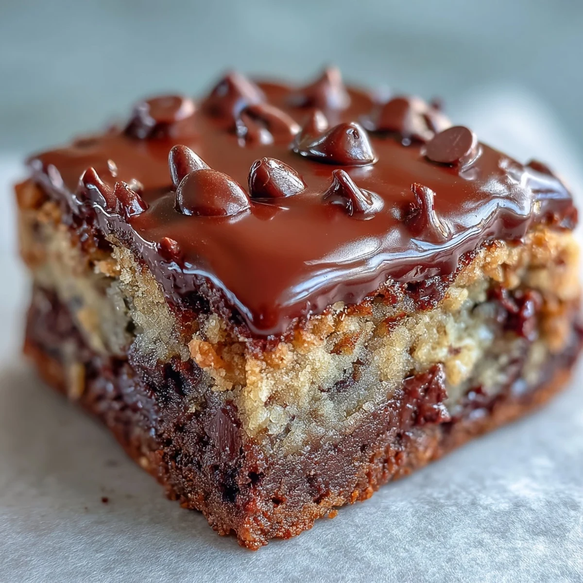 Golden-brown Hojicha Brookies with a fudgy brownie base and crisp cookie top, showcasing roasted tea flecks.