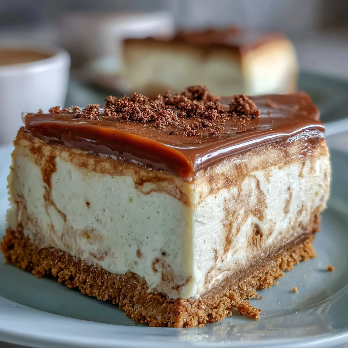 Rich, creamy Hojicha Cheesecake with a beautiful marbled swirl pattern and buttery crust is presented on a rustic wooden table next to a ceramic teacup.