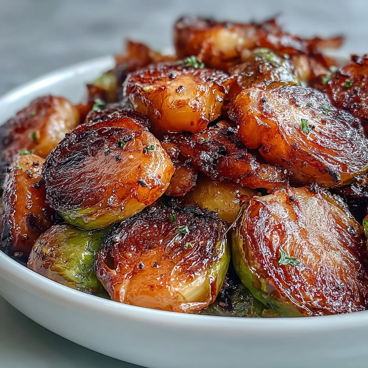 Crisp Irresistible Orange Maple Glazed Brussels Sprouts tumble from a baking sheet, showcasing caramelized edges.