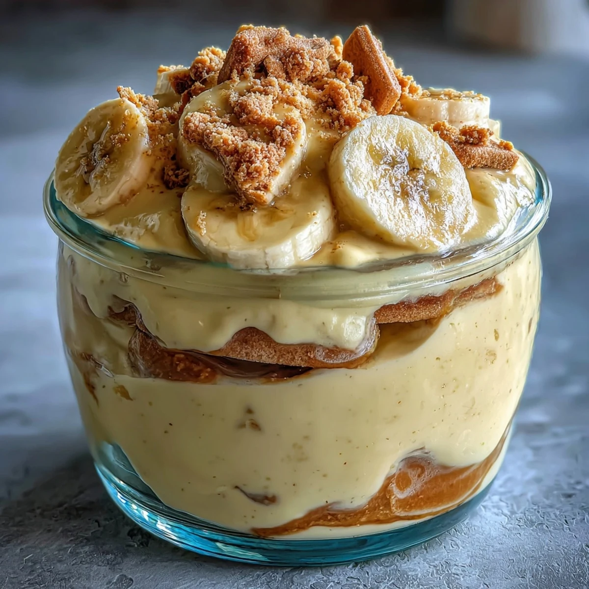 Healthy Protein Banana Pudding featuring Greek yogurt custard and sugar-free vanilla wafer crumbs, ready to chill.