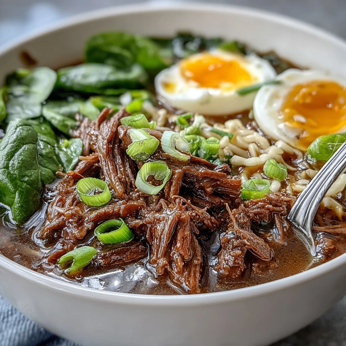 Overhead view of freshly cooked Slow Cooker Beef Ramen Noodles, garnished with vibrant spinach, halved soft-boiled eggs, and a drizzle of chili oil, perfect for a cozy weeknight dinner.