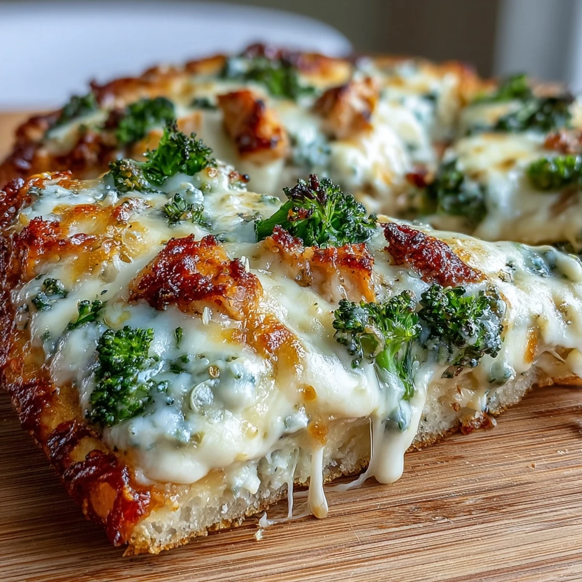 A close-up of the Garlic Parmesan Chicken & Broccoli Pizza with golden crust and bubbly mozzarella.