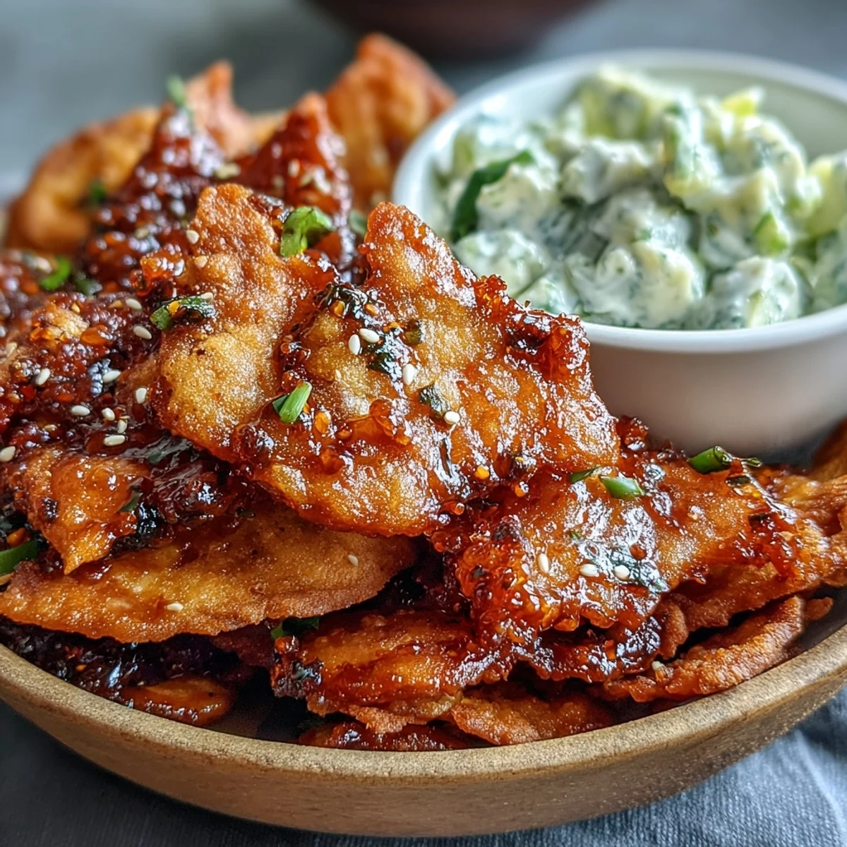 A close-up view shows crunchy naan triangles tossed with vibrant red chili crisp, ready to be dipped.