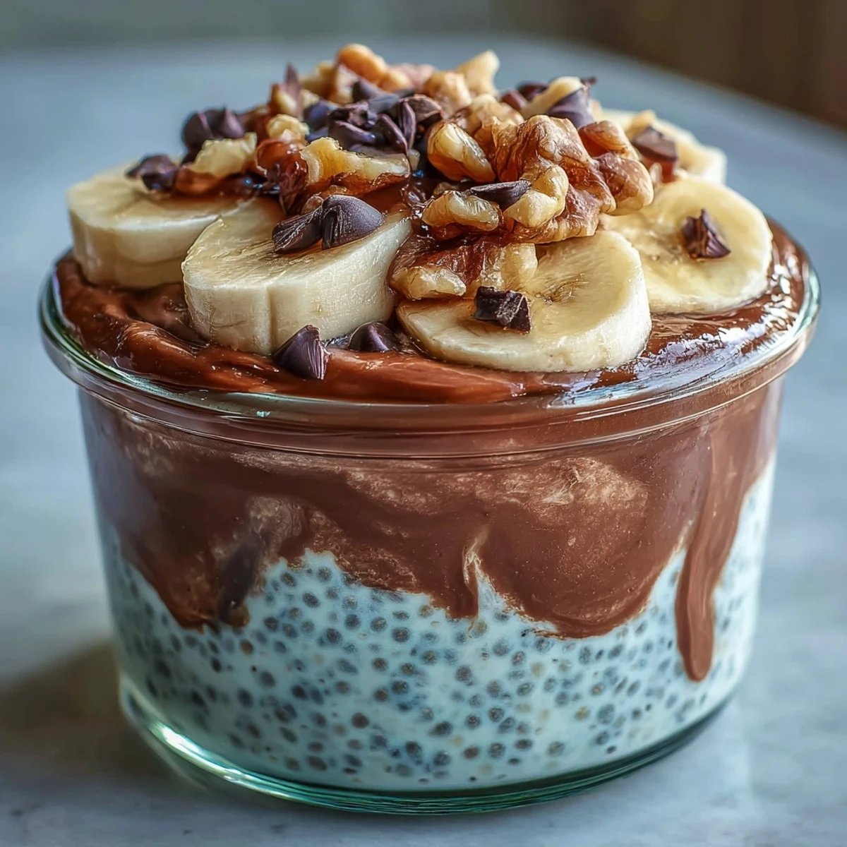 Creamy peanut butter and banana slices top the glass jar of Chunky Monkey Chia Pudding.