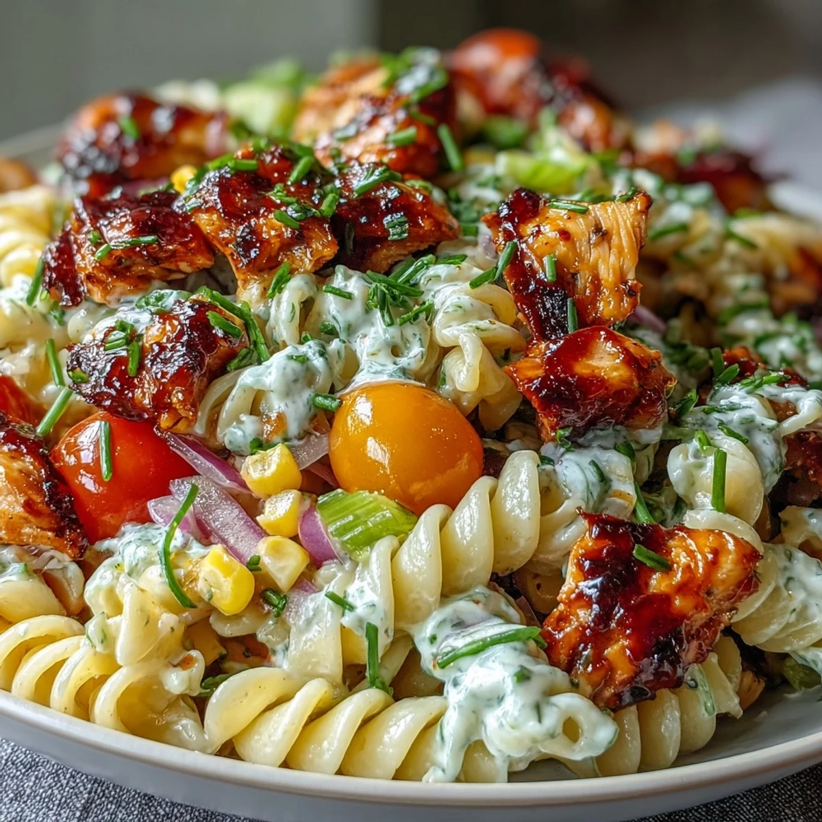 Close-up of a spoon scooping Honey BBQ Chicken Pasta Salad, revealing tender chicken chunks and vibrant vegetables, ideal for a refreshing summer main dish.