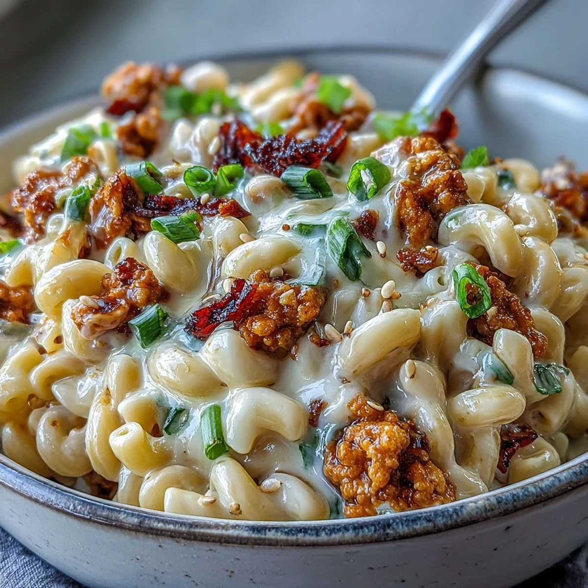 Savory Korean-Style Turkey Mac & Cheese served warm in a bowl, featuring golden cheese sauce, tender pasta, and colorful scallions, perfect for a comforting dinner.
