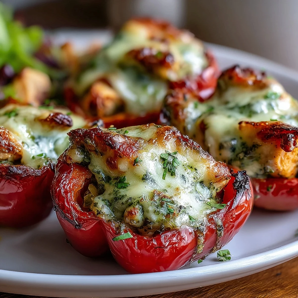 Close-up of melted cheese and pesto chicken filling inside bright Pesto Chicken Stuffed Sweet Peppers.