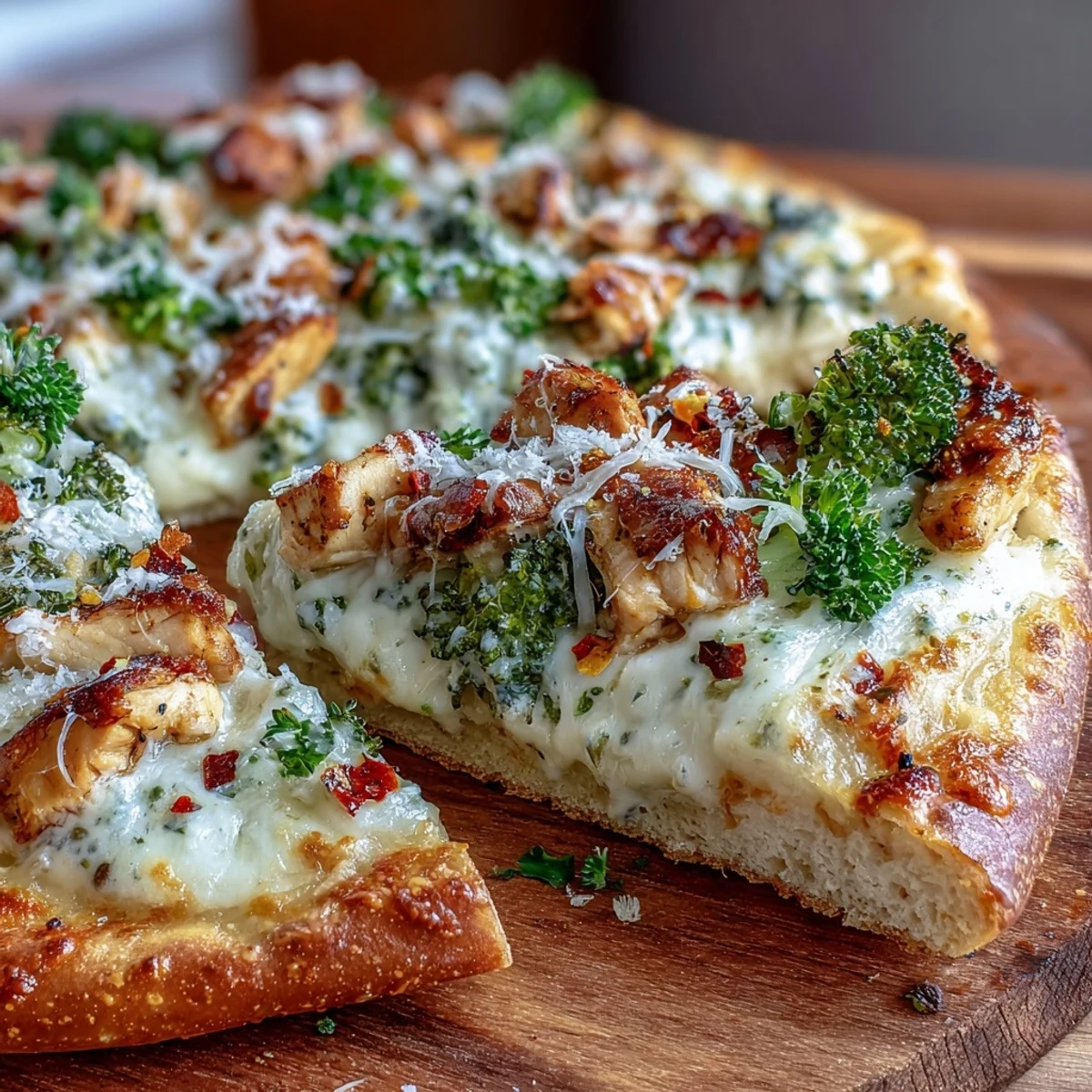 Close-up of Garlic Parmesan Chicken & Broccoli Pizza slice showing creamy white sauce, tender chicken, and bright green broccoli.