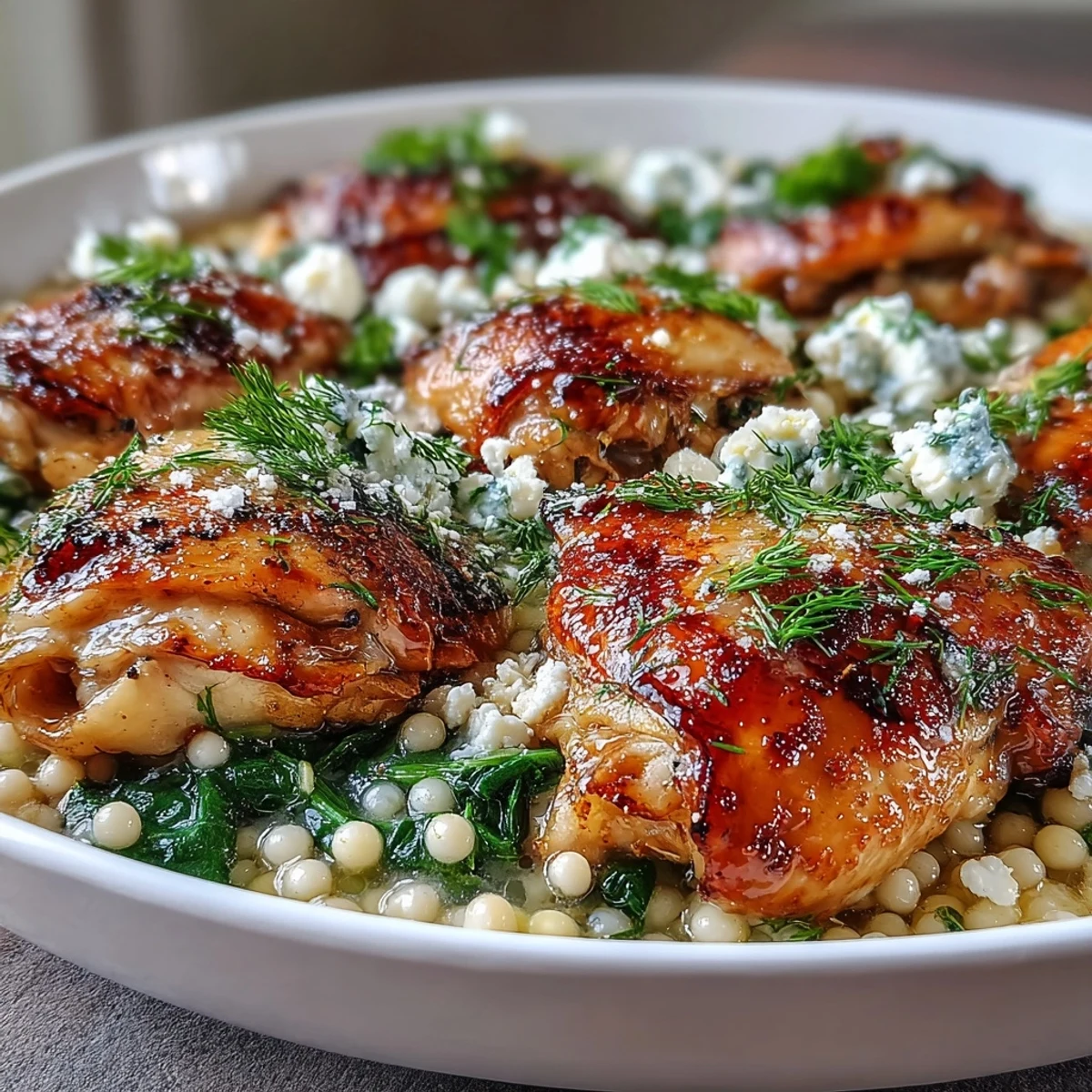 This Creamy Greek Chicken & Pearl Couscous Bake showcases bubbling golden edges and vibrant baby spinach for a hearty family dinner.