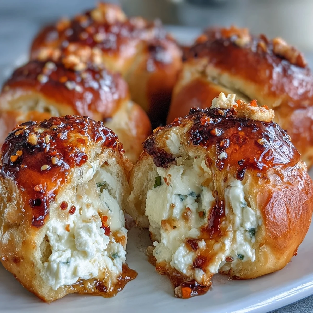 Hot Honey Ricotta Stuffed Garlic Knots drizzled with spicy honey and fresh parsley garnish.