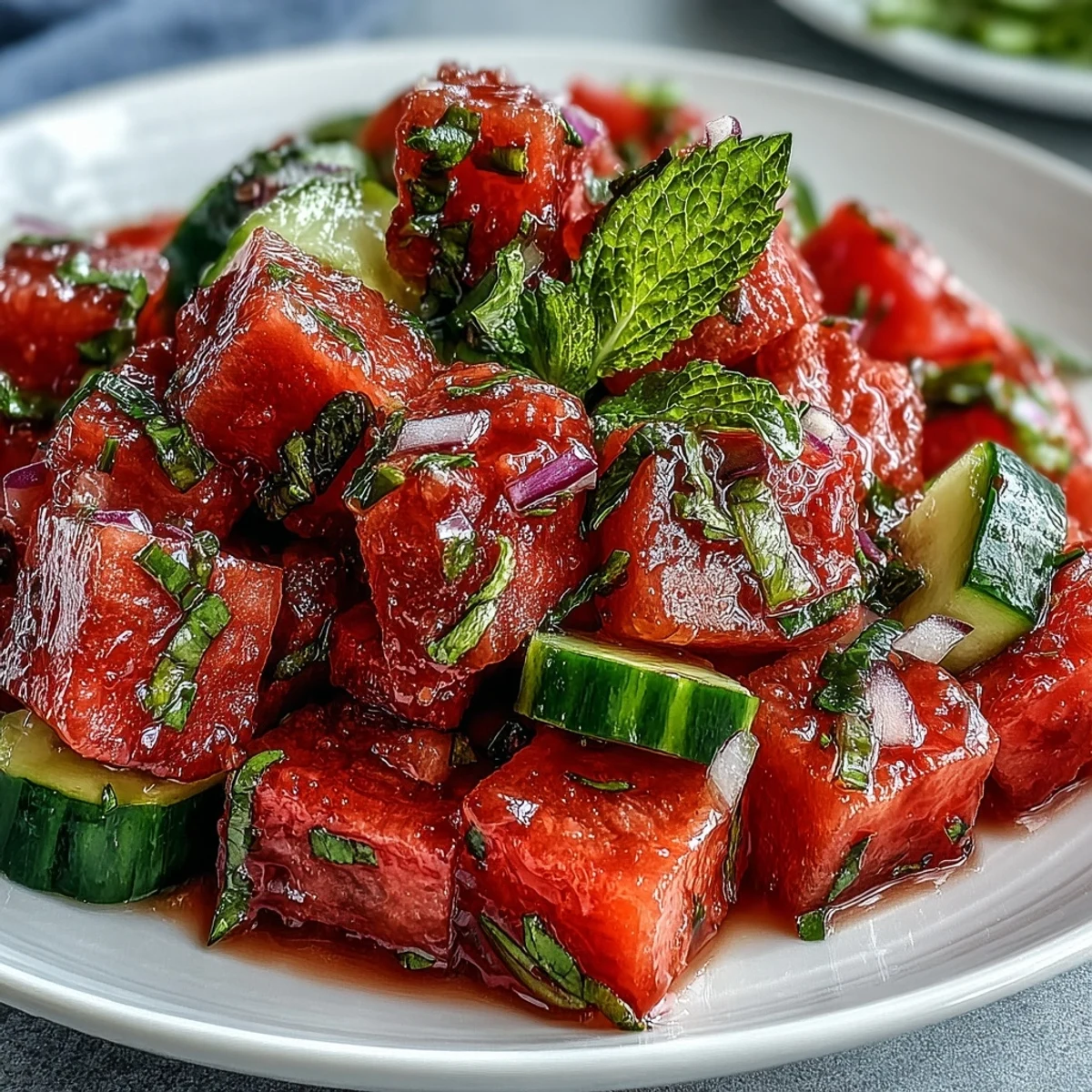 Bright, colorful Summer Watermelon Cucumber Mint Salad served in a rustic white bowl, featuring juicy red watermelon cubes, crisp green cucumber slices, and fresh mint leaves for a refreshing vegan side dish.