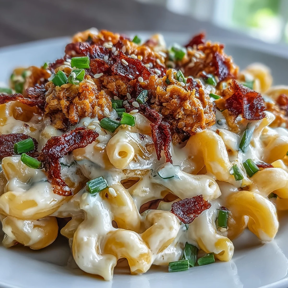 Creamy cheddar macaroni is generously topped with sweet-spicy Korean-style turkey crumbles and fresh sliced scallions for a fusion dinner.
