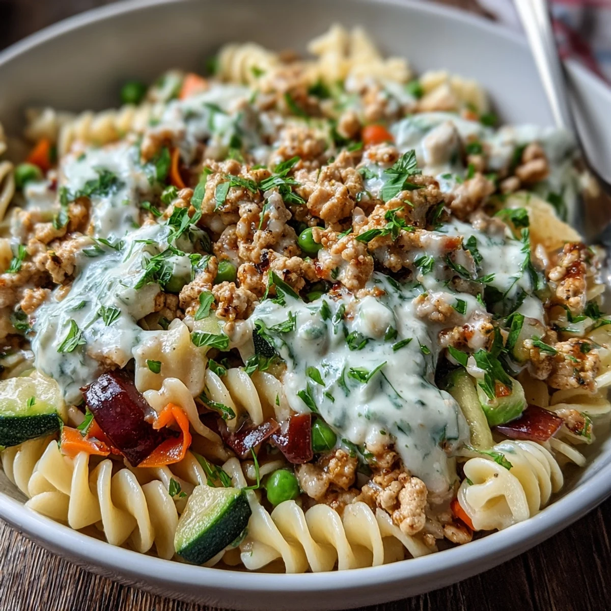 Golden brown ground turkey and vibrant diced vegetables in a creamy ranch sauce, served over pasta.