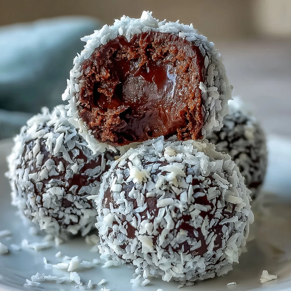 Close-up of Vegan Chocolate Avocado Truffles with Coconut on a rustic wooden board, showing rich dark chocolate and fluffy shredded coating. 