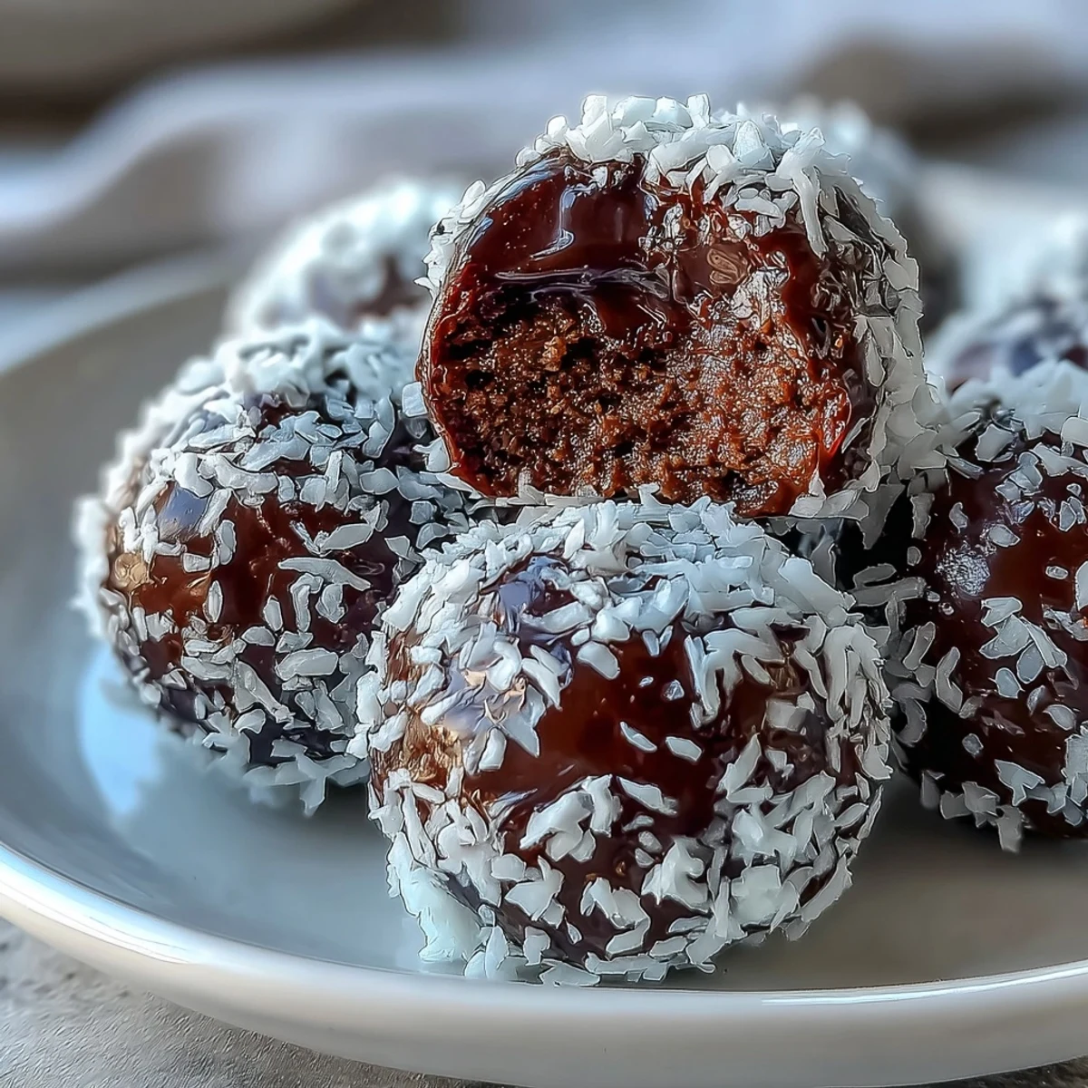A platter of round Vegan Chocolate Avocado Truffles with Coconut served with espresso, highlighting their glossy, fudgy centers. 
