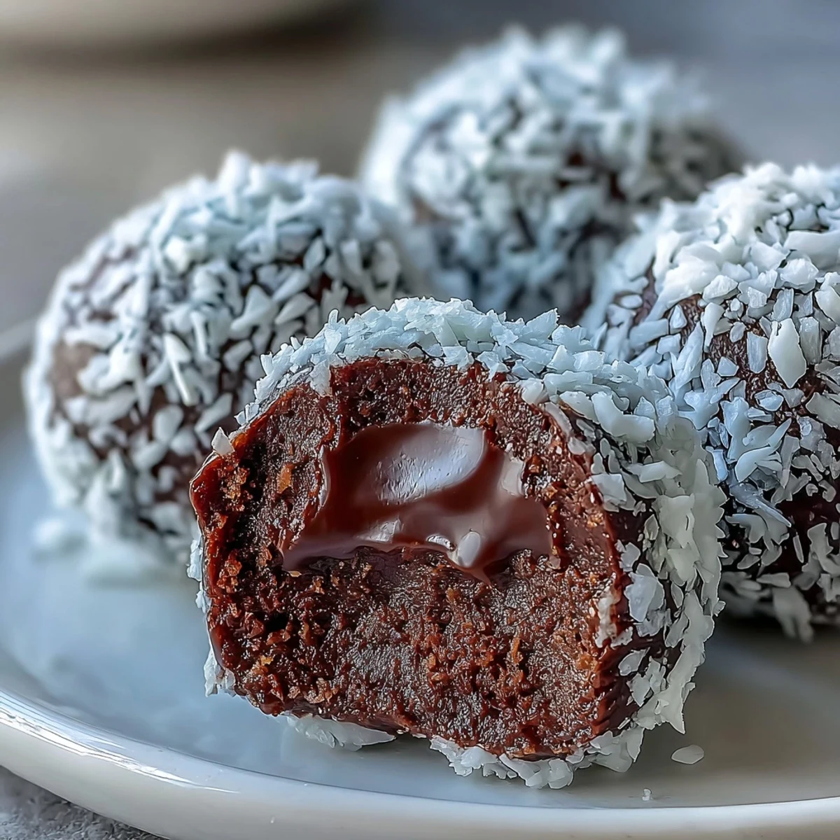 Four glossy Vegan Chocolate Avocado Truffles with Coconut arranged on white parchment, ready to be chilled and served.