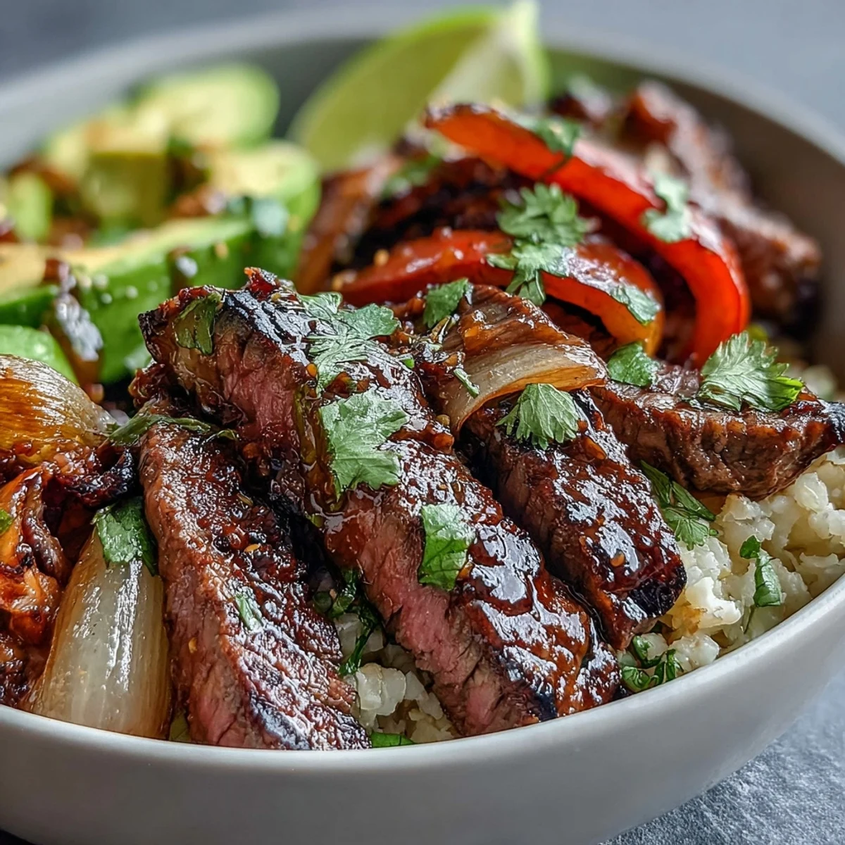 Vibrant steak fajita bowl with sizzling strips of marinated steak over sautéed peppers and onions, served atop cauliflower rice for a low-carb Tex-Mex meal.  