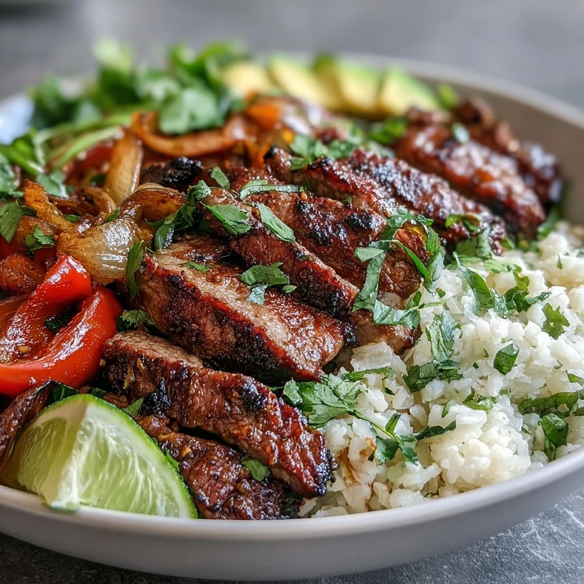 Colorful steak fajita bowl featuring tender steak, charred bell peppers, and onions over cauliflower rice, garnished with avocado and fresh cilantro.  