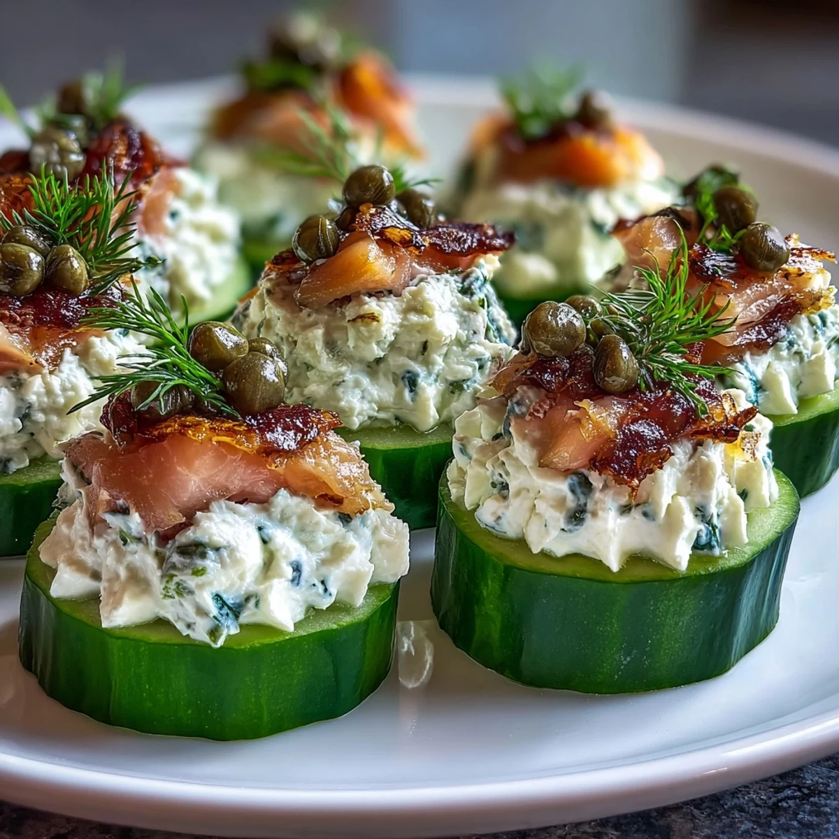 Keto smoked salmon and cream cheese cucumber bites arranged on a white platter with fresh dill garnish.