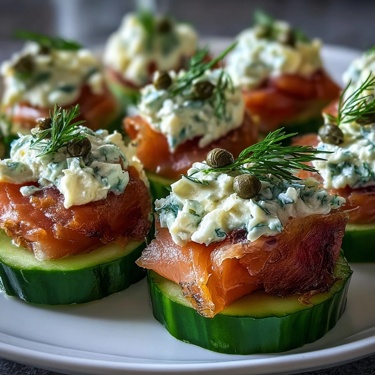 Elegant platter of keto-friendly cucumber bites with dill-flecked cream cheese and delicate smoked salmon roses.