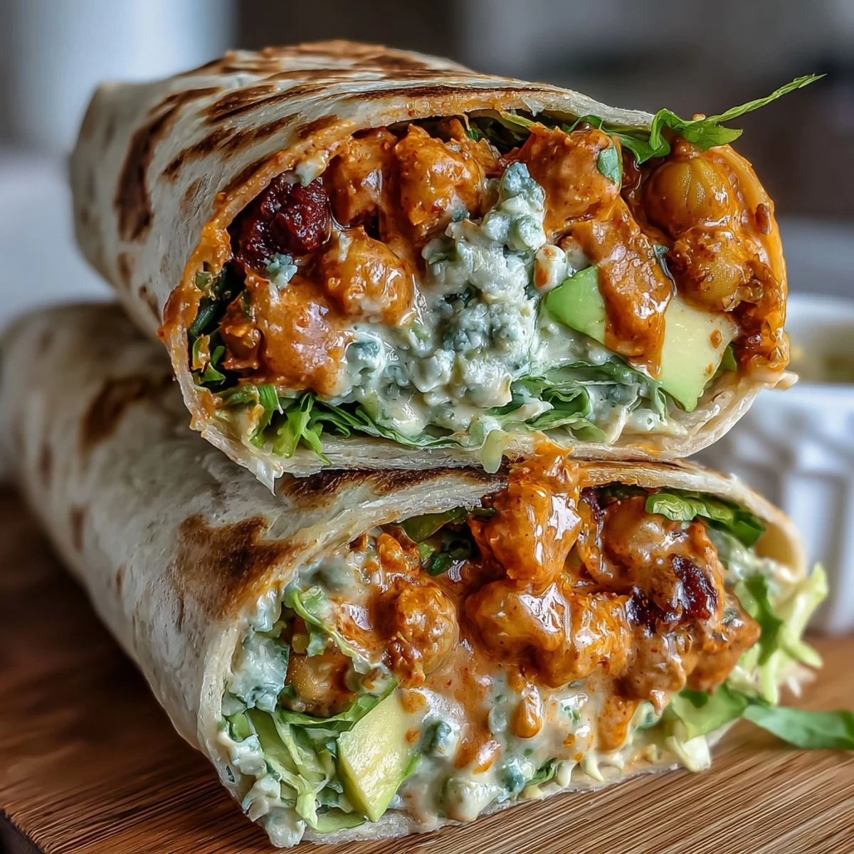 Vegan buffalo chickpea salad wraps with creamy buffalo chickpeas, crisp veggies, and avocado wrapped in a soft tortilla.