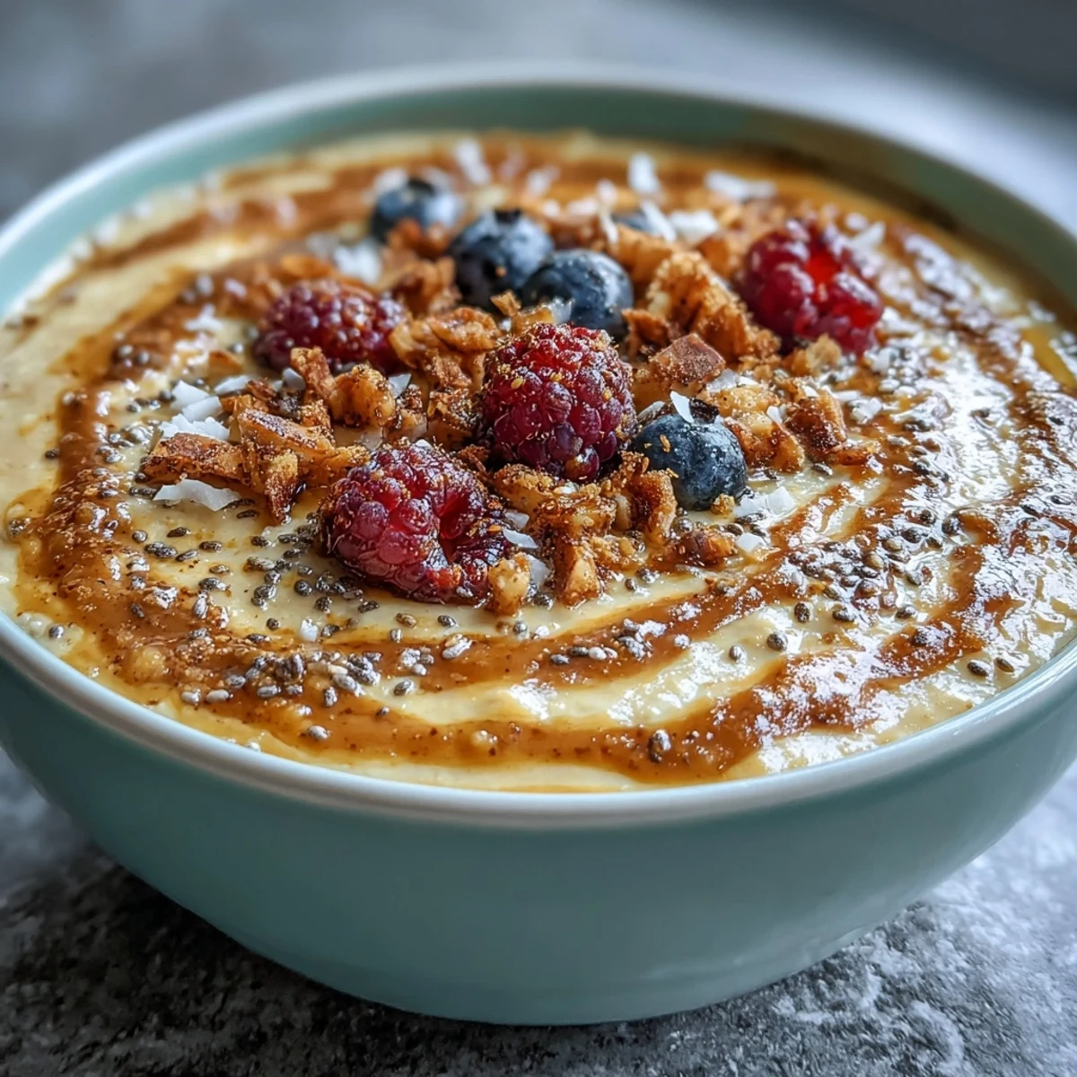 Golden milk overnight oats with turmeric and ginger in a glass jar, garnished with coconut flakes and berries for a vibrant vegan breakfast.