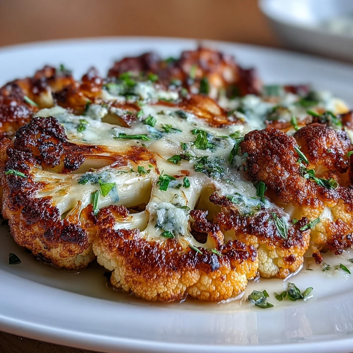 Golden roasted cauliflower steaks with a crispy garlic-Parmesan crust, perfect as a low-carb vegetarian main or side dish.  