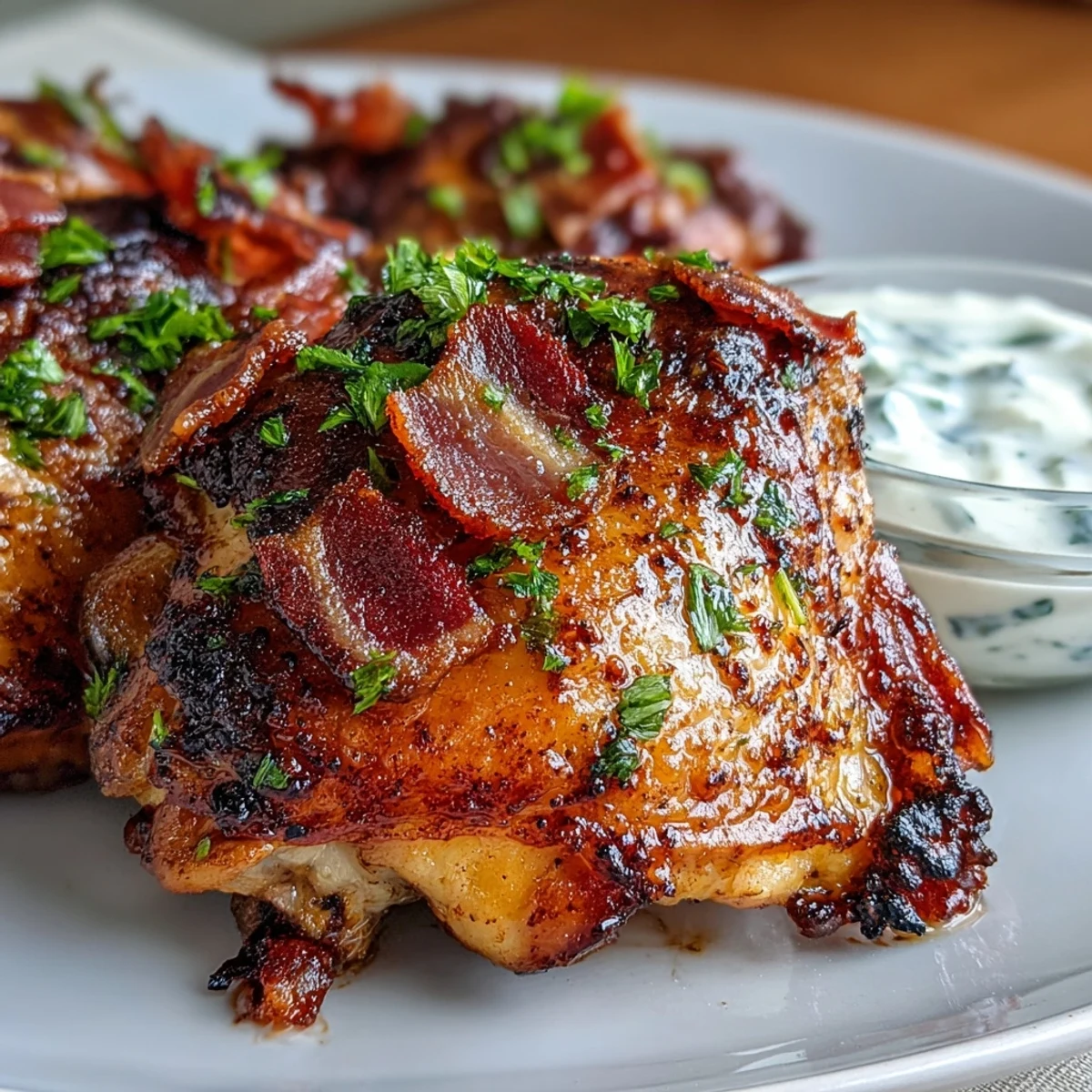 Juicy bone-in chicken thighs seasoned with ranch, surrounded by crisp green beans and smoky bacon for a hearty keto dinner.