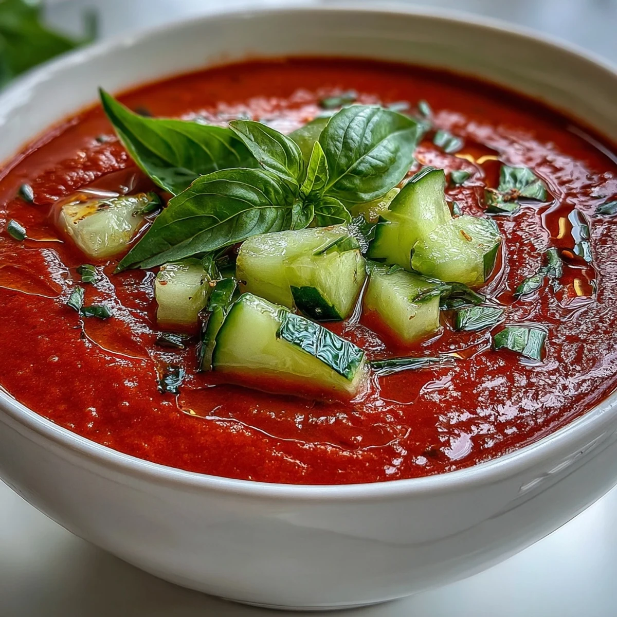 Silky Slim Summer Gazpacho featuring chilled garden vegetables, served in a white bowl with diced cucumber and basil for garnish.