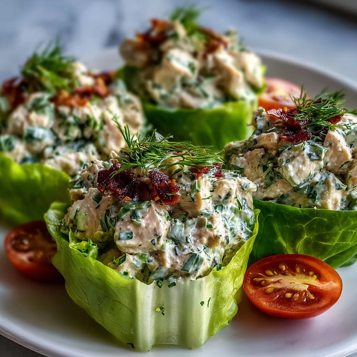 Light and healthy Avocado Herb Chicken Salad served in crunchy lettuce cups for a low-carb meal.  