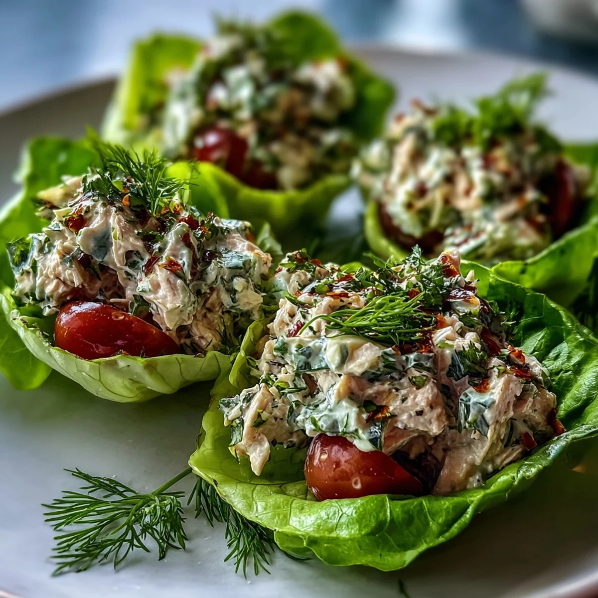 Protein-packed chicken salad with avocado, herbs, and vegetables nestled in fresh lettuce cups.