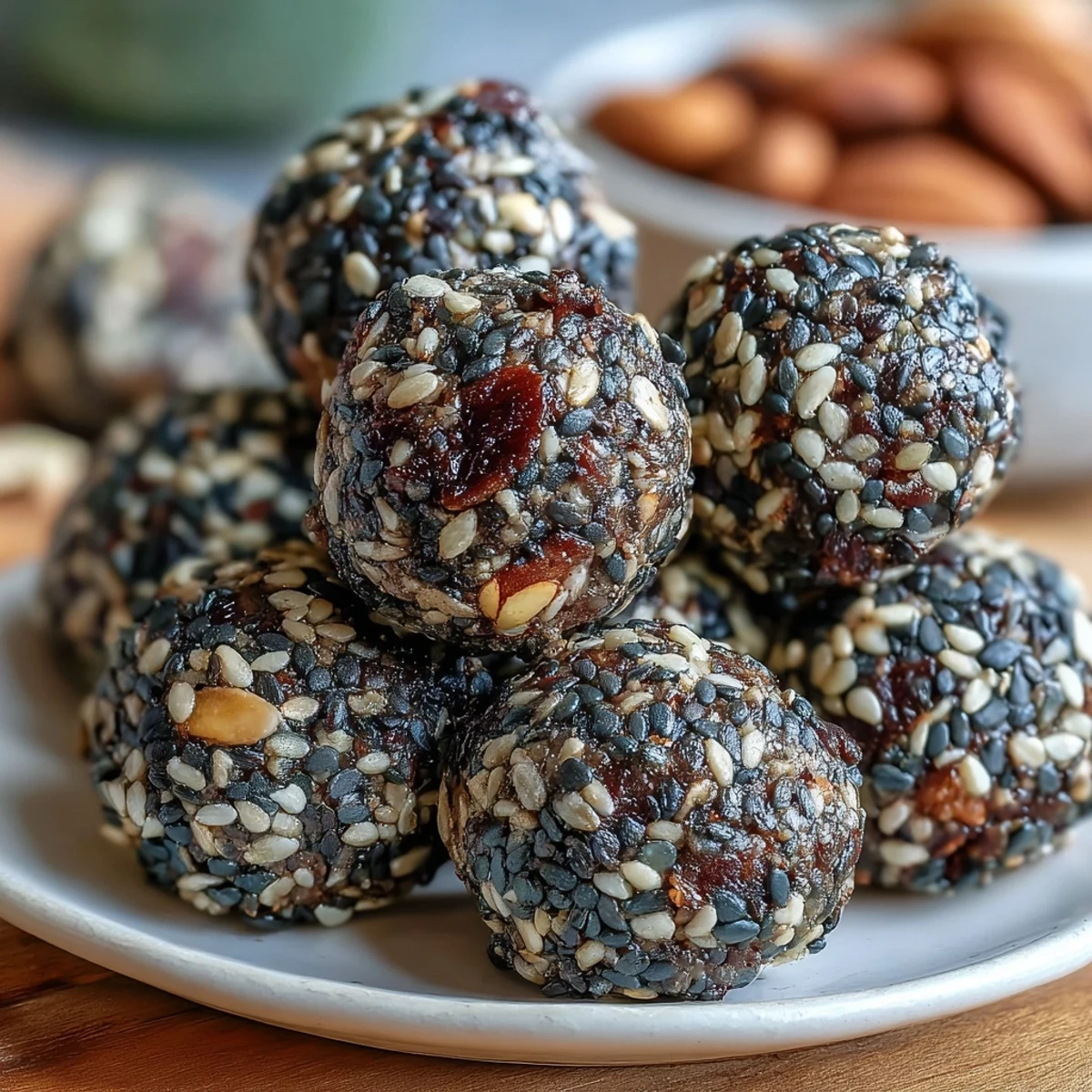 Nutritious black sesame energy balls packed with oats, tahini, and toasted seeds for a wholesome snack.  