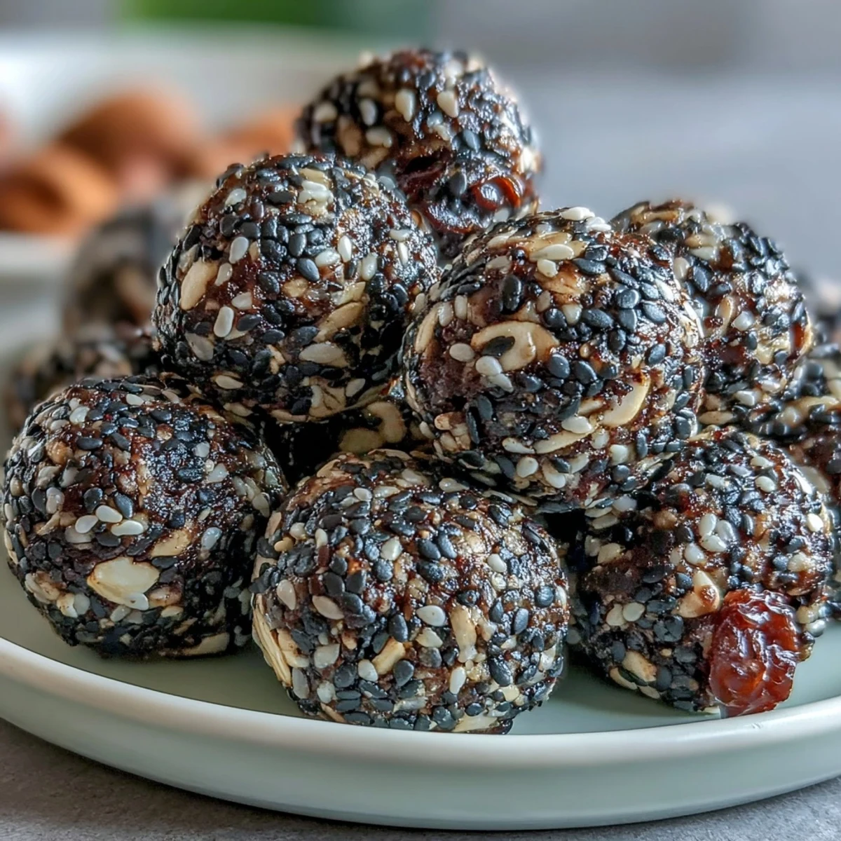 Bite-sized black sesame energy balls with a nutty aroma and rich, creamy tahini center.  