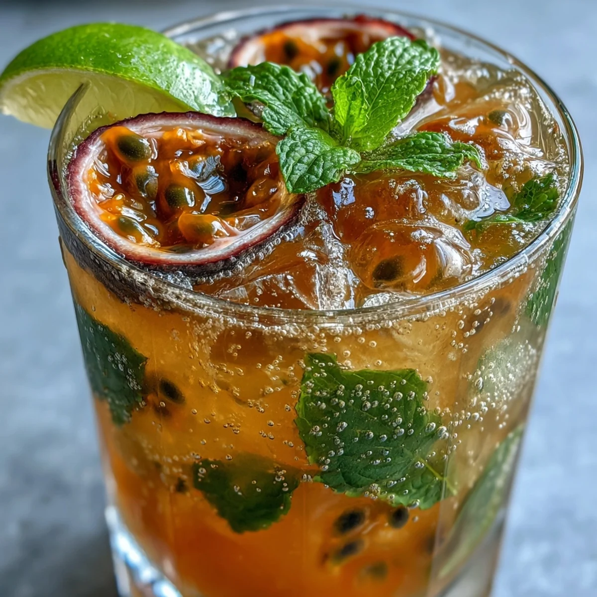 A refreshing passionfruit cocktail with rum, lime, and mint, served over crushed ice and topped with sparkling water.