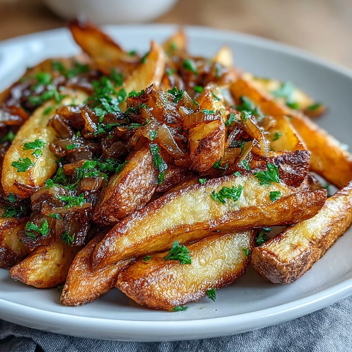 Golden-brown steak fries tossed with fragrant garlic and sweet caramelized onions in melted butter.