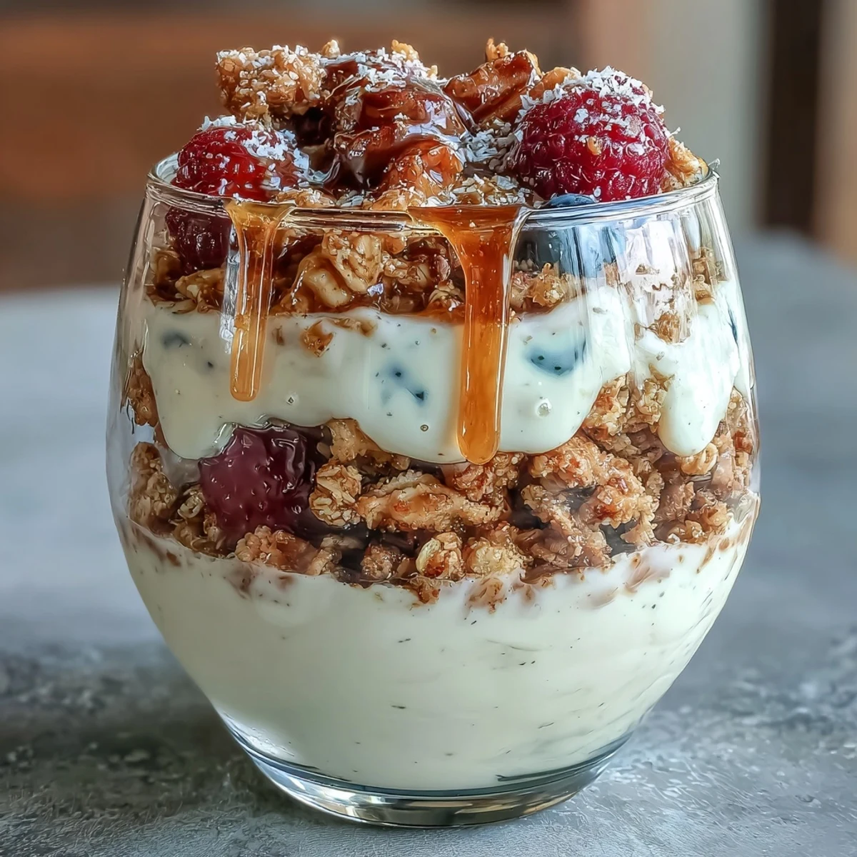 Layers of tangy Greek yogurt, sweet salted honey, and crispy granola create a delightful parfait perfect for breakfast or dessert.