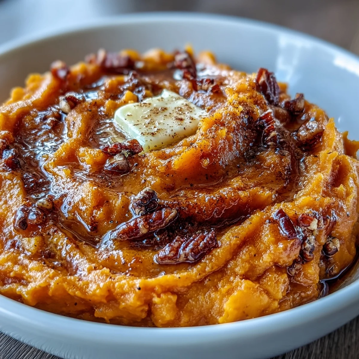 Soft, buttery mashed yams infused with cinnamon and brown sugar, served as a comforting holiday side dish with a sprinkle of nutmeg.  