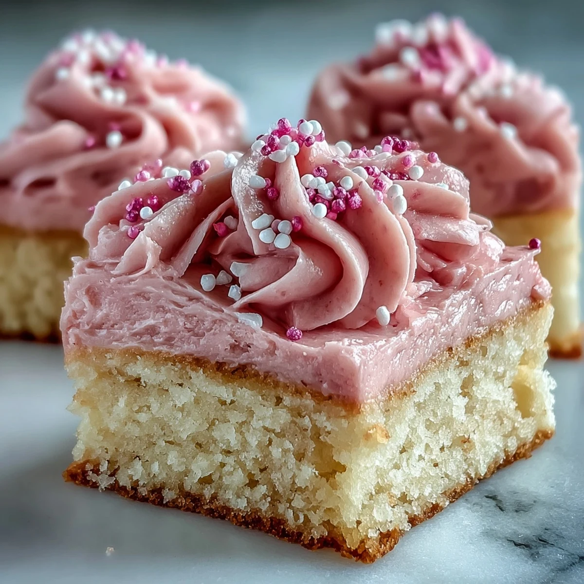 Soft sugar cookie bars with creamy strawberry frosting and pink sprinkles for a festive Valentine's Day dessert.