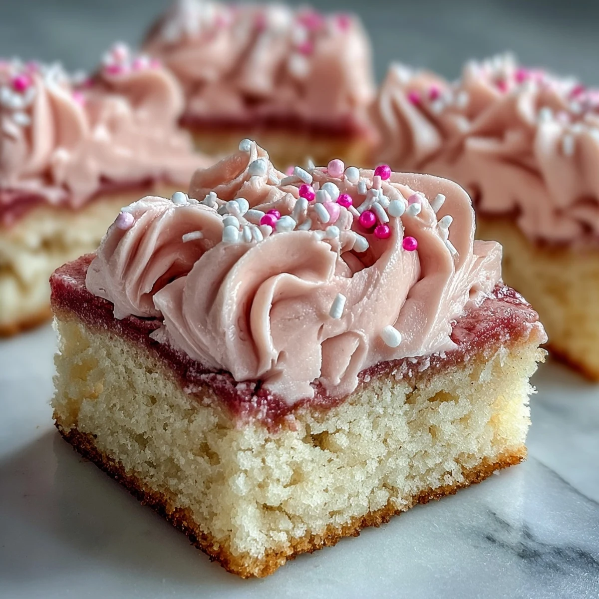 Buttery sugar cookie bars topped with naturally flavored strawberry frosting, perfect for sharing on Valentine's Day or any special occasion.