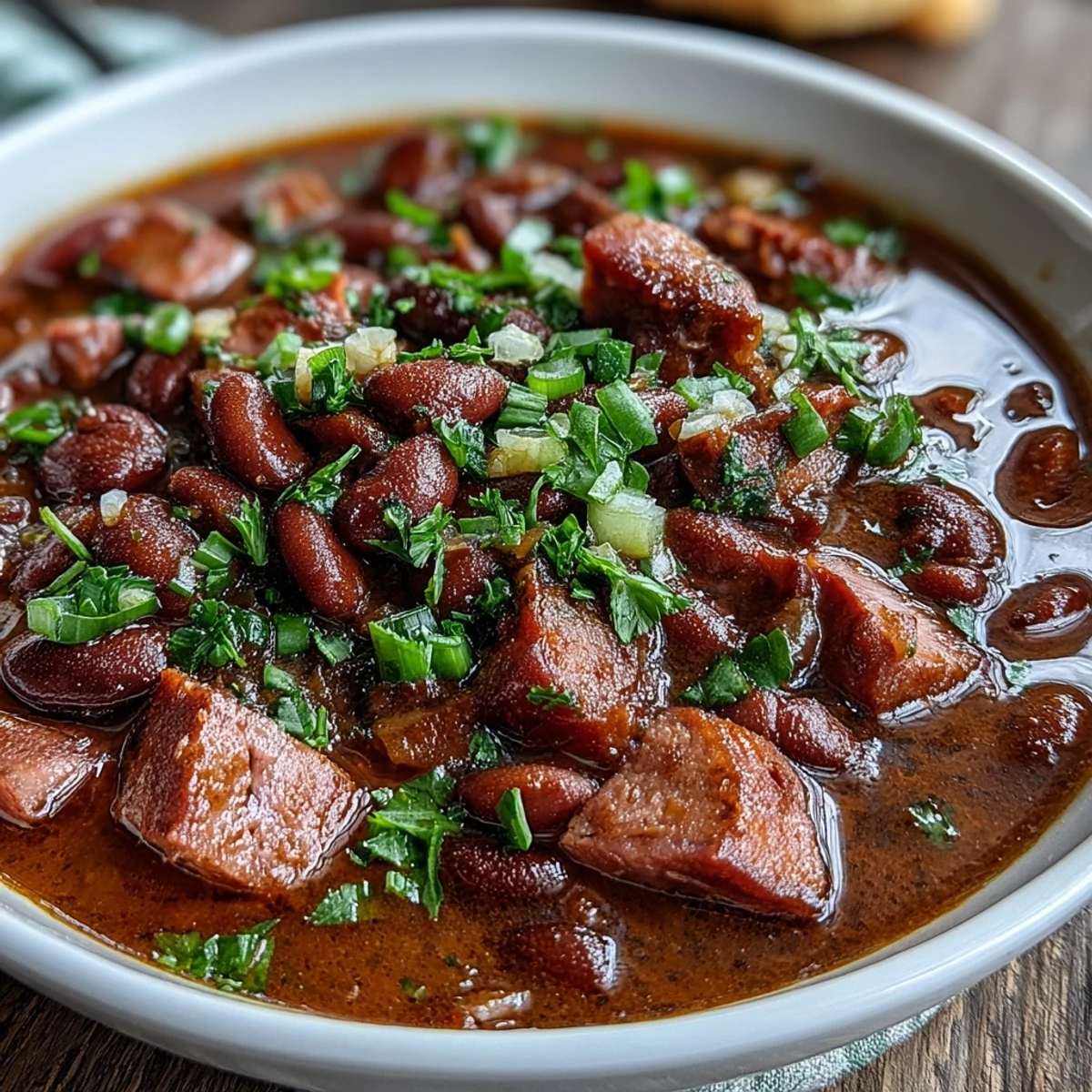Slow-simmered Ham and Red Bean Soup featuring tender beans, diced ham, and aromatic vegetables in rich broth.