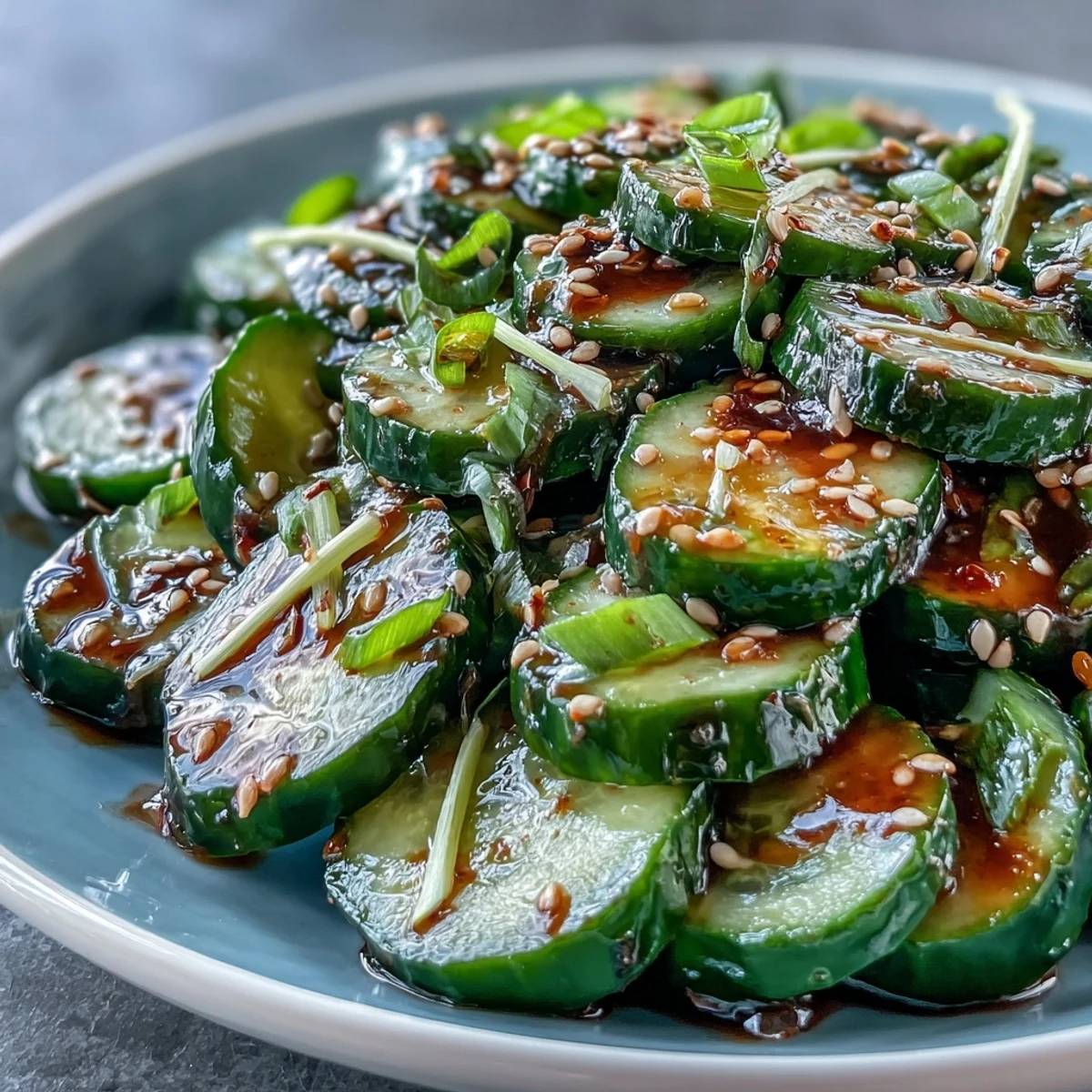 A vibrant Asian sesame cucumber salad with soy dressing, featuring crisp cucumber slices and a tangy, umami-rich sesame dressing.  