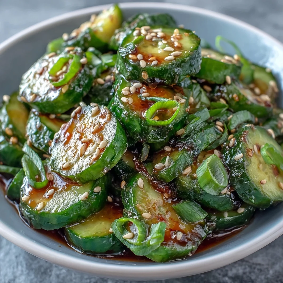 Crunchy cucumber salad in a flavorful soy and sesame dressing, garnished with spring onions and a hint of chili for a zesty kick.